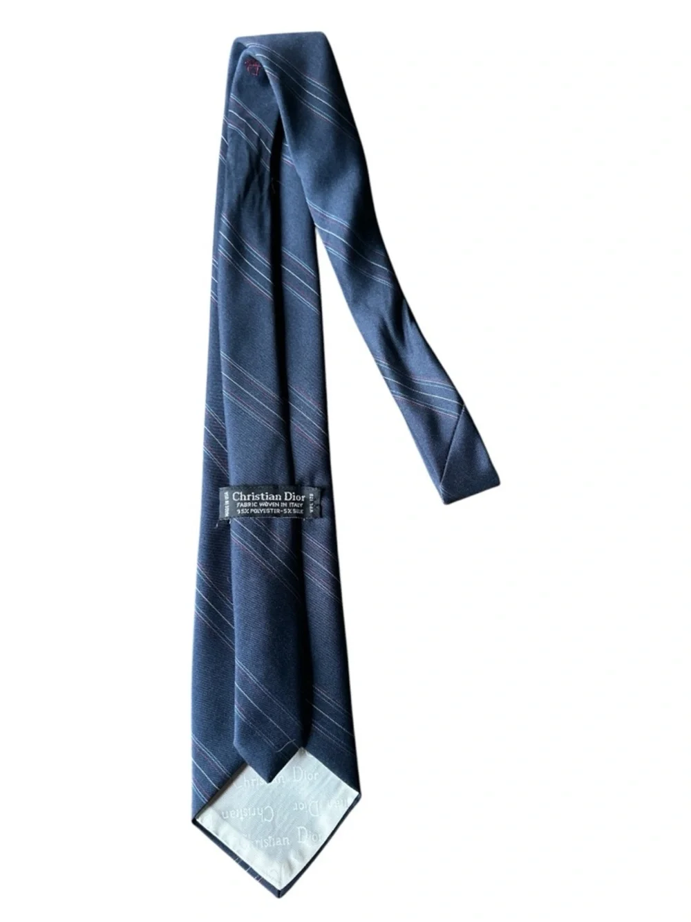 Vintage Christian Dior USA Striped Logo Navy Blue Red Men’s Designer Neck Tie